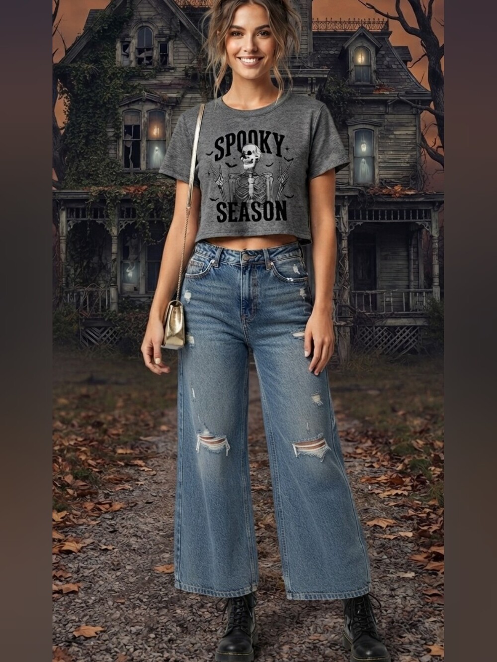Womens XXL 'Spooky Season' Gray Graphic Tee
